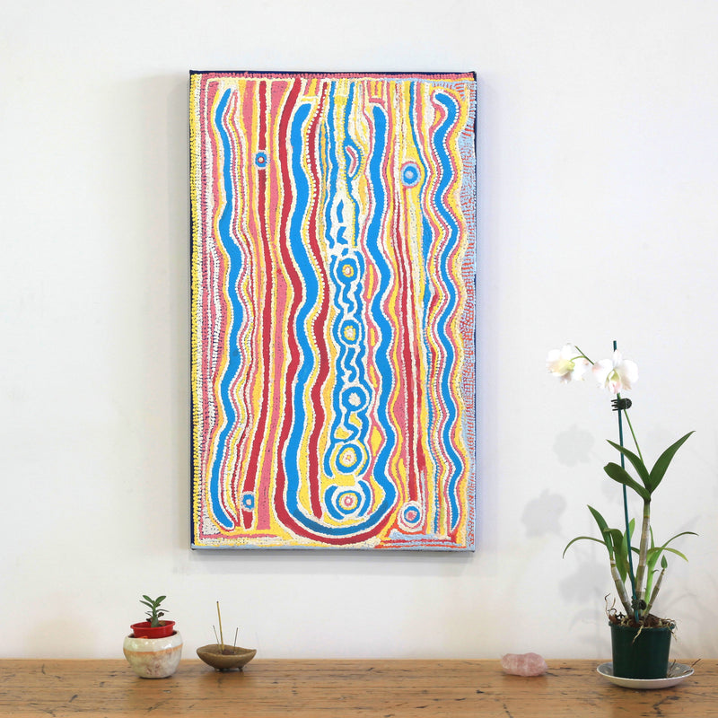 Aboriginal Artwork by Rosie Nangala Flemming, Ngapa Jukurrpa (Water Dreaming) - Mikanji, 76x46cm