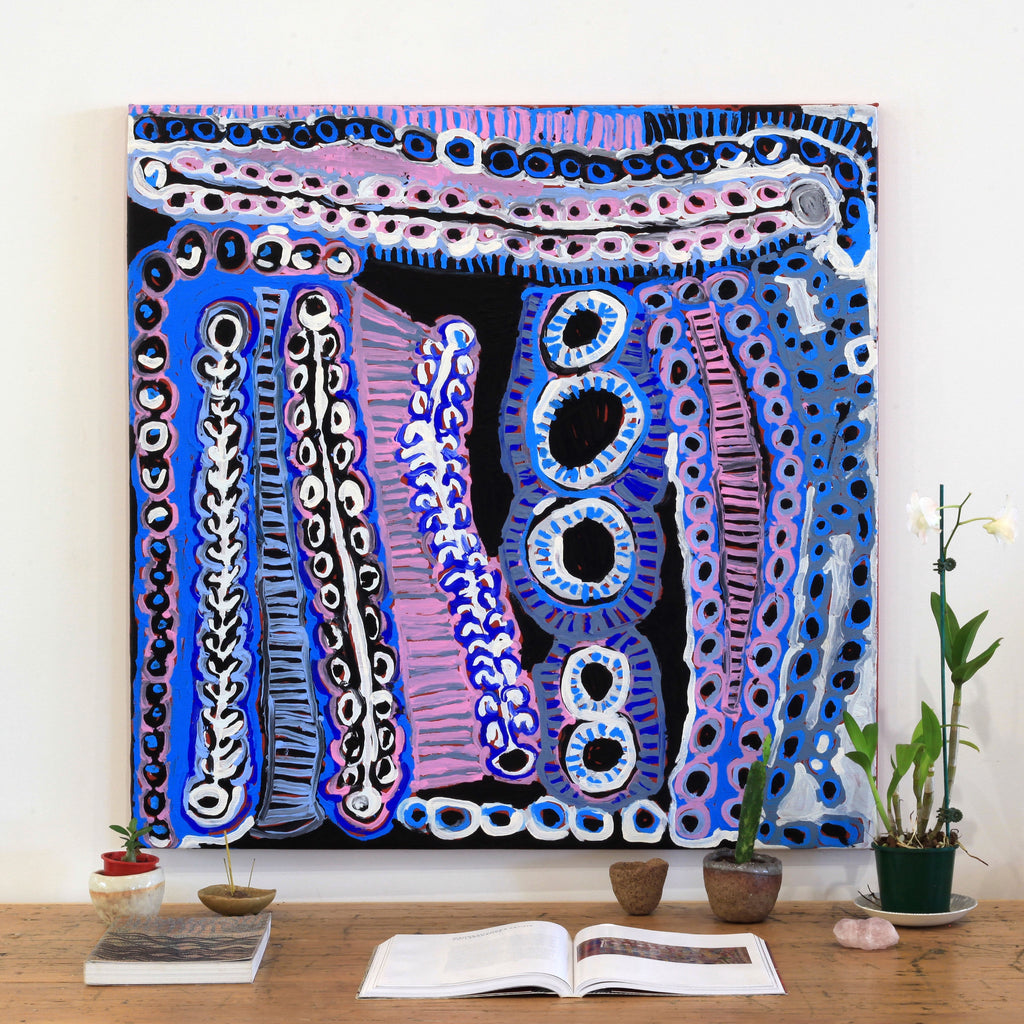 Aboriginal Artwork by Murdie Nampijinpa Morris, Malikijarra Jukurrpa, 91x91cm