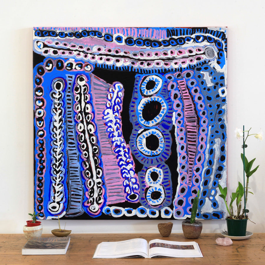 Aboriginal Artwork by Murdie Nampijinpa Morris, Malikijarra Jukurrpa, 91x91cm