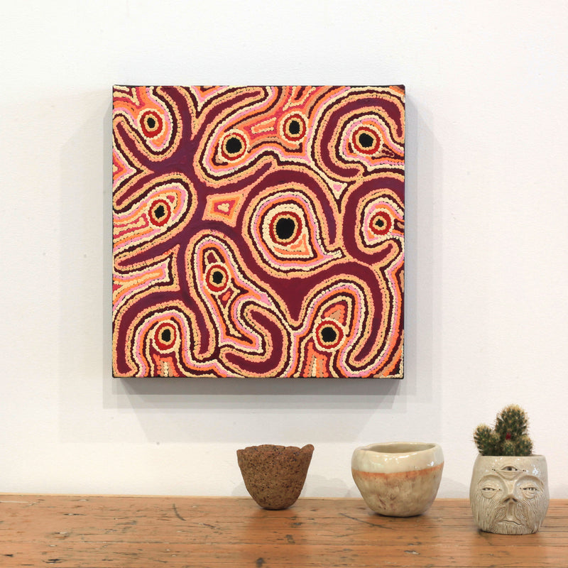 Aboriginal Artwork by Ruth Napaljarri Stewart, Ngatijirri Jukurrpa (Budgerigar Dreaming), 30x30cm