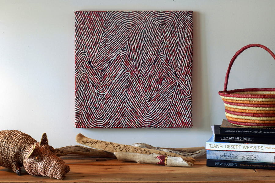 Aboriginal Artwork by Sarah Napurrurla Leo, Lukarrara Jukurrpa, 46x46cm
