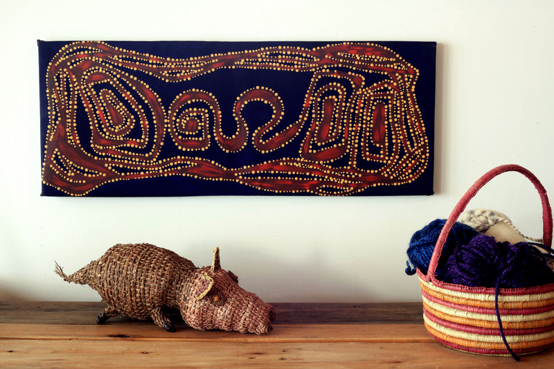 Aboriginal Artwork by Stephanie Napurrurla Nelson, Ngapa Jukurrpa, 76x30cm