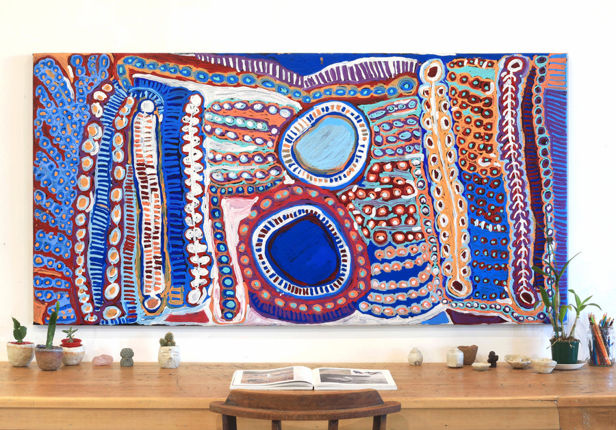 Aboriginal Artwork by Murdie Nampijinpa Morris, Malikijarra Jukurrpa, 182x91cm
