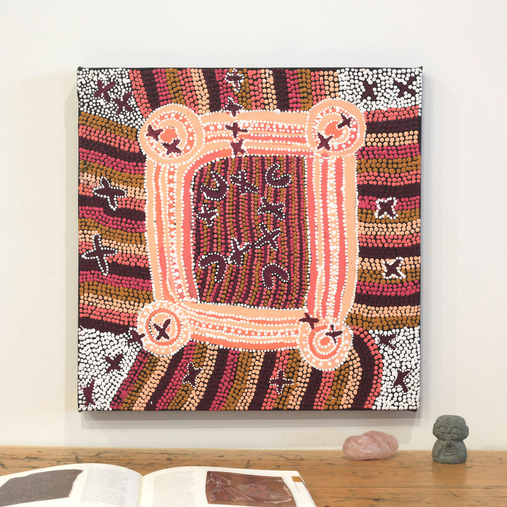 Aboriginal Artwork by Dora Napaljarri Kitson, Ngatijirri Jukurrpa (Budgerigar Dreaming), 46x46cm