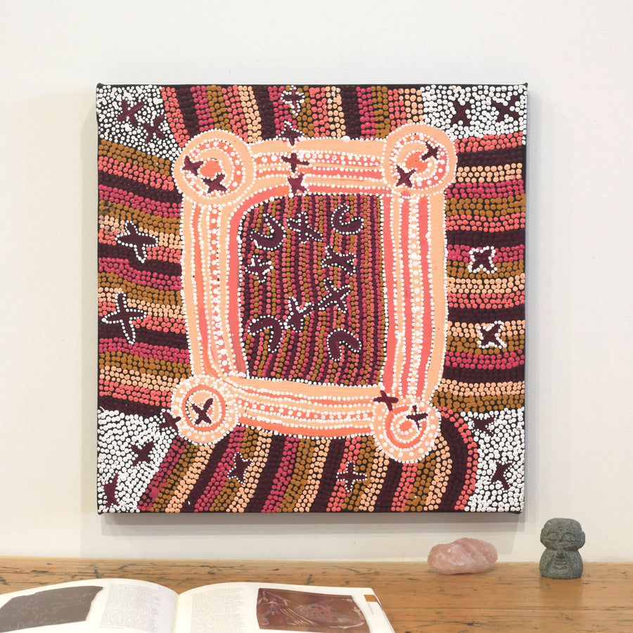 Aboriginal Artwork by Dora Napaljarri Kitson, Ngatijirri Jukurrpa (Budgerigar Dreaming), 46x46cm