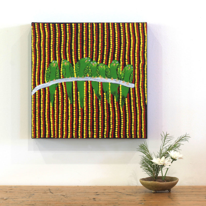 Aboriginal Artwork by Julie Napaljarri Kitson, Ngatijirri Jukurrpa (Budgerigar Dreaming), 30x30cm