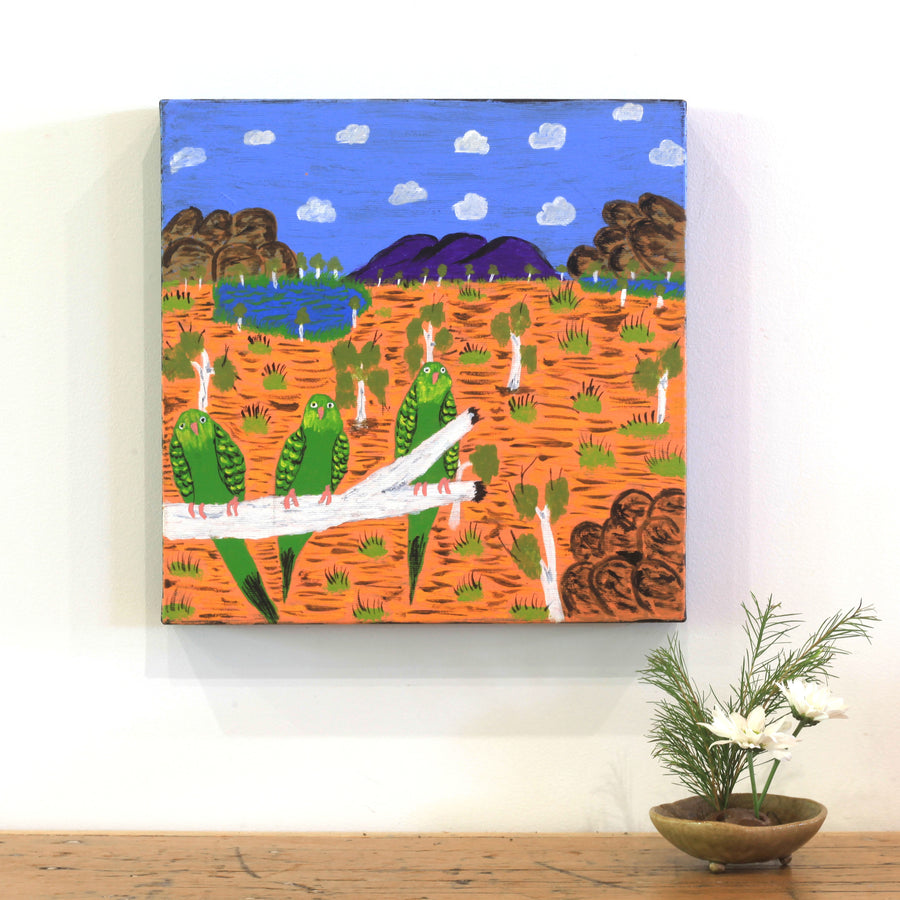 Aboriginal Artwork by Julie Napaljarri Kitson, Ngatijirri Jukurrpa (Budgerigar Dreaming), 30x30cm