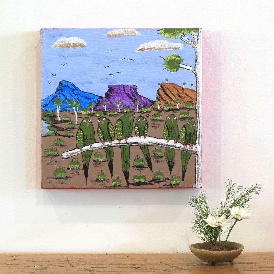 Aboriginal Artwork by Julie Napaljarri Kitson, Jurlpu kuja kalu nyinami Yurntumu-wana (Birds that live around Yuendumu), 30x30cm