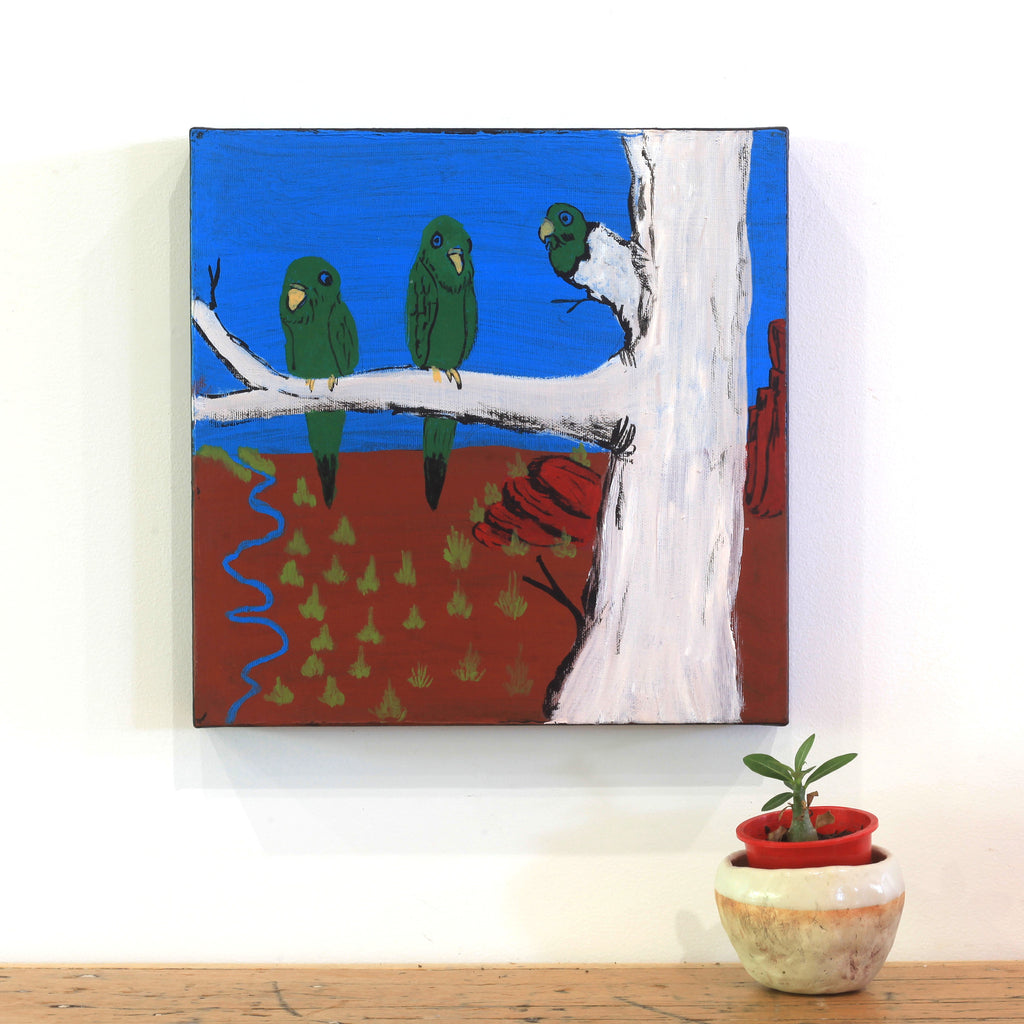 Aboriginal Artwork by Julie Napaljarri Kitson, Ngatijirri Jukurrpa (Budgerigar Dreaming), 30x30cm
