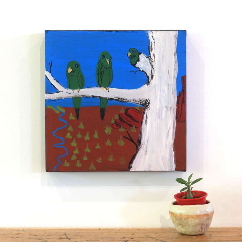 Aboriginal Artwork by Julie Napaljarri Kitson, Ngatijirri Jukurrpa (Budgerigar Dreaming), 30x30cm