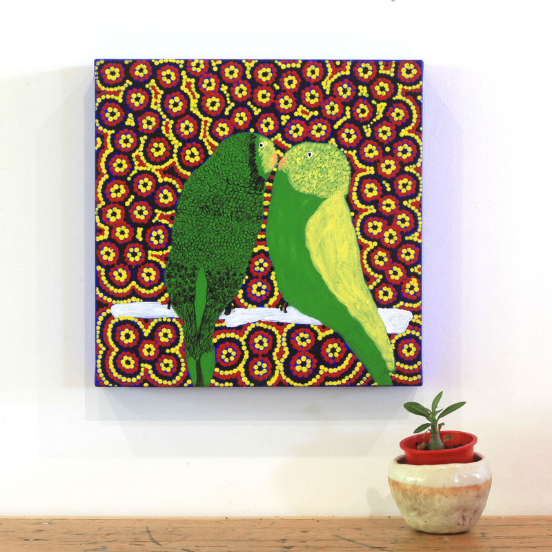 Aboriginal Artwork by Julie Napaljarri Kitson, Ngatijirri Jukurrpa (Budgerigar Dreaming), 30x30cm
