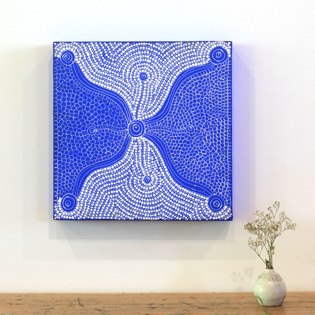 Aboriginal Artwork by Roslyn Napaljarri Jones, Lukarrara Jukurrpa (Desert Fringe-rush Seed Dreaming), 30x30cm