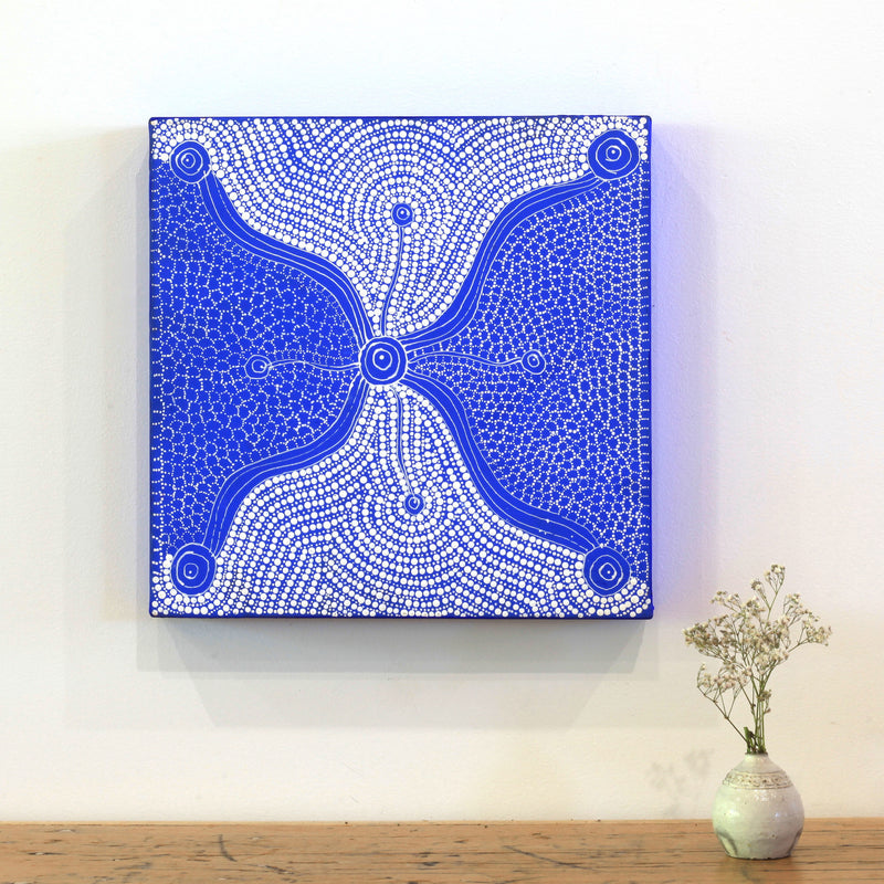 Aboriginal Artwork by Roslyn Napaljarri Jones, Lukarrara Jukurrpa (Desert Fringe-rush Seed Dreaming), 30x30cm