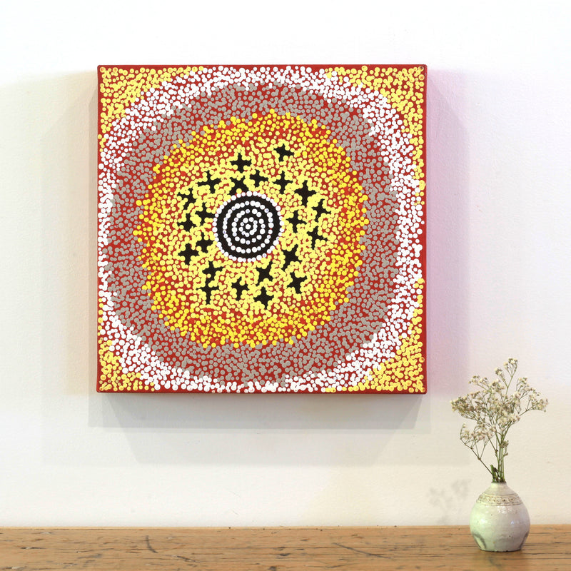 Aboriginal Artwork by Steven Jungarrayi Collins, Ngatijirri Jukurrpa (Budgerigar Dreaming), 30x30cm