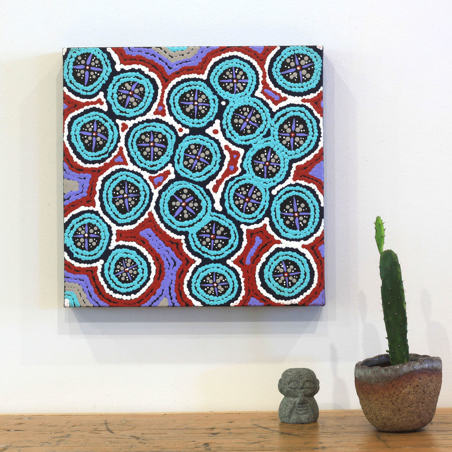 Aboriginal Artwork by Kaylisha Napaljarri Ross, Ngatijirri Jukurrpa (Budgerigar Dreaming), 30x30cm