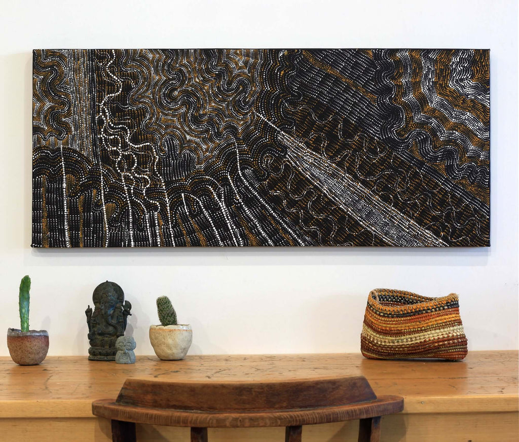 Aboriginal Artwork by Athena Nangala Granites, Ngapa Jukurrpa (Water Dreaming) - Puyurru, 107x46cm