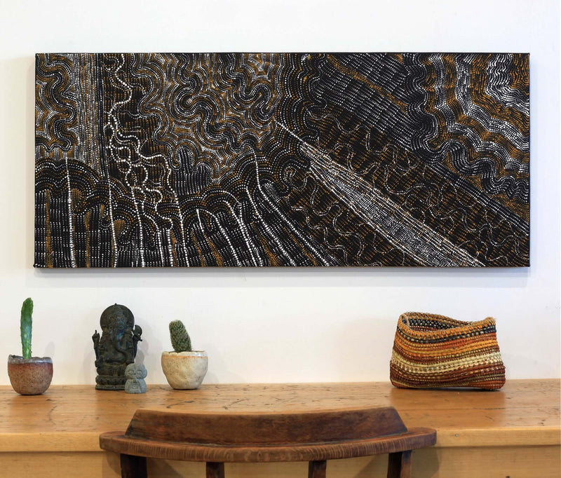 Aboriginal Artwork by Athena Nangala Granites, Ngapa Jukurrpa (Water Dreaming) - Puyurru, 107x46cm