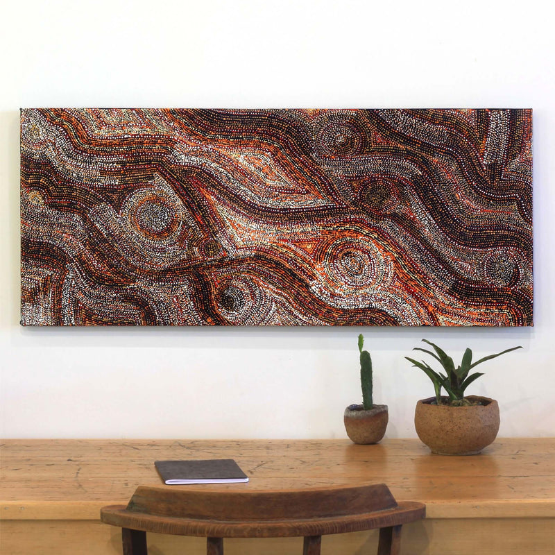 Aboriginal Artwork by Angelina Nampijinpa Tasman, Ngapa Jukurrpa (Water Dreaming) - Pirlinyarnu, 107x46cm