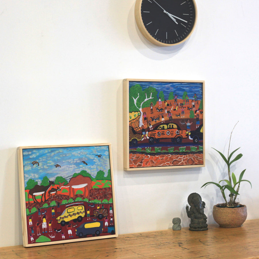 Aboriginal Artwork by Doris Thomas, Camel rides, 40x40cm