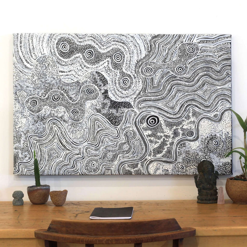Aboriginal Artwork by Athena Nangala Granites, Ngapa Jukurrpa (Water Dreaming) - Puyurru, 91x61cm