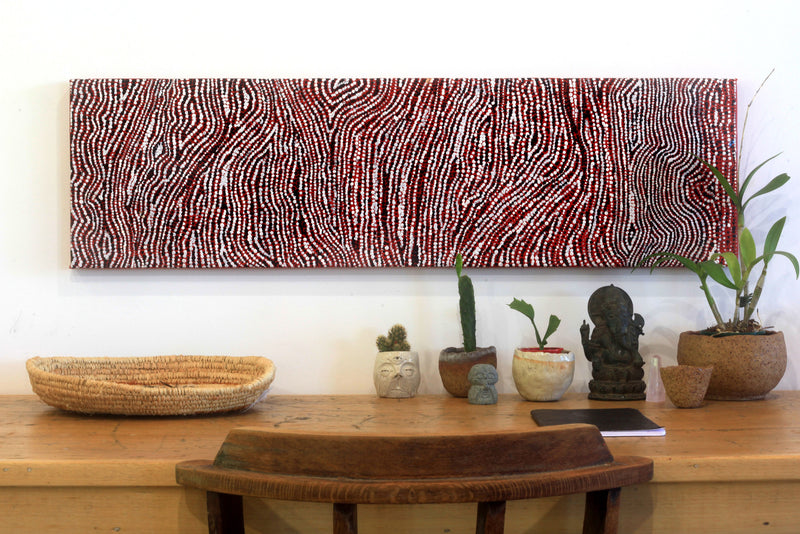 Aboriginal Artwork by Sarah Napurrurla Leo, Ngapa Jukurrpa (Water Dreaming), 107x30cm