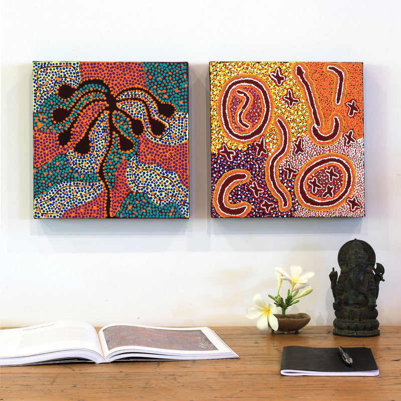 Aboriginal Artwork by Ruth Napaljarri Stewart, Ngatijirri Jukurrpa (Budgerigar Dreaming), 30x30cm