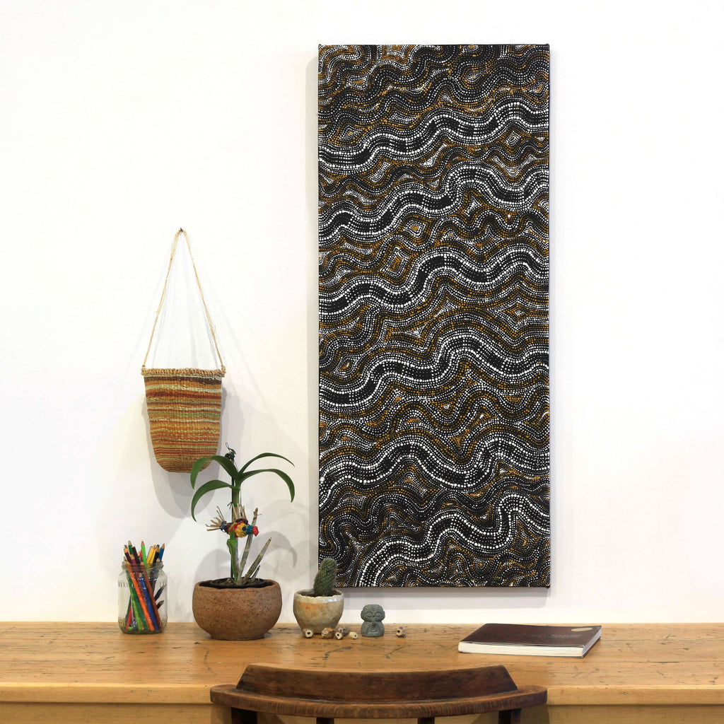 Aboriginal Artwork by Athena Nangala Granites, Ngapa Jukurrpa (Water Dreaming) - Puyurru, 107x46cm