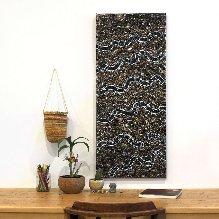 Aboriginal Artwork by Athena Nangala Granites, Ngapa Jukurrpa (Water Dreaming) - Puyurru, 107x46cm