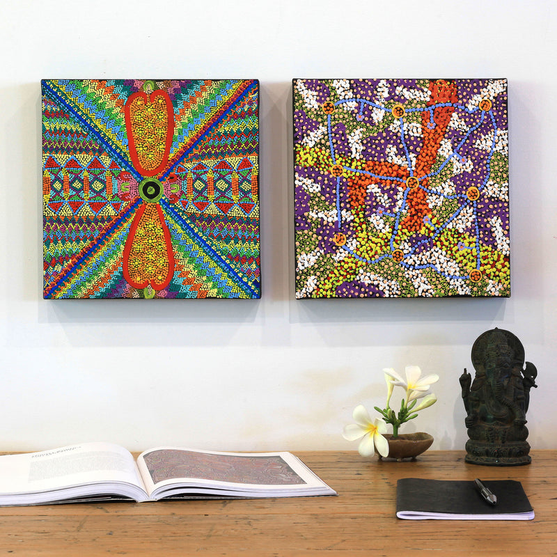 Aboriginal Artwork by Julie Napaljarri Kitson, Ngatijirri Jukurrpa (Budgerigar Dreaming), 30x30cm