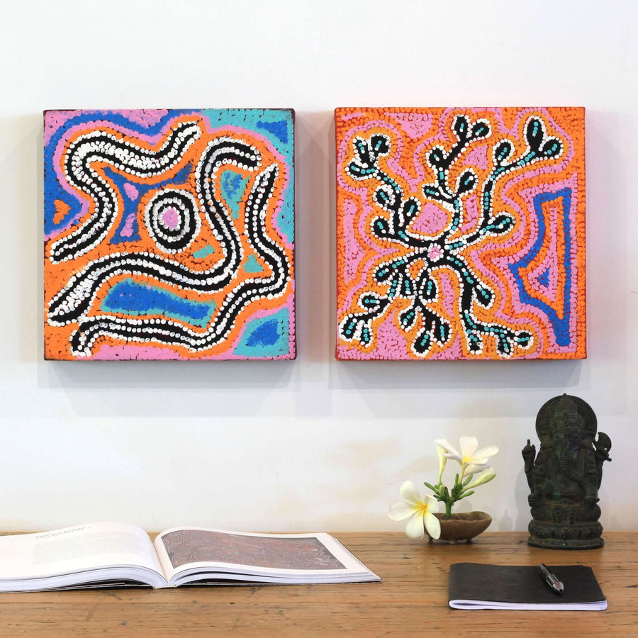 Aboriginal Artwork by Bessie Nakamarra Sims, Ngarlajiyi Jukurrpa (Bush Carrot Dreaming), 30.5x30.5cm