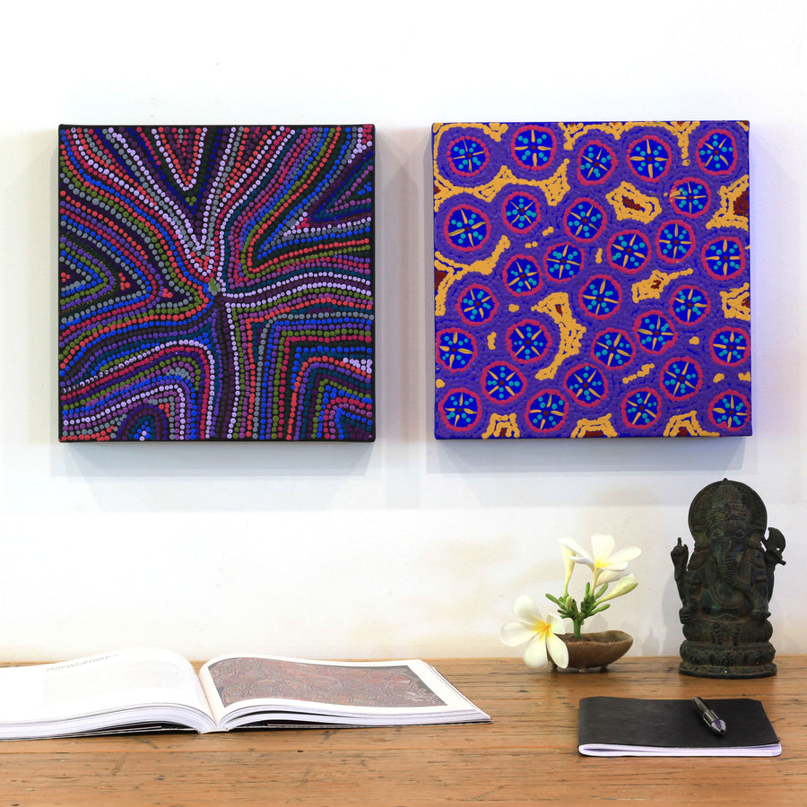 Aboriginal Artwork by Kaylisha Napaljarri Ross, Ngatijirri Jukurrpa (Budgerigar Dreaming), 30x30cm