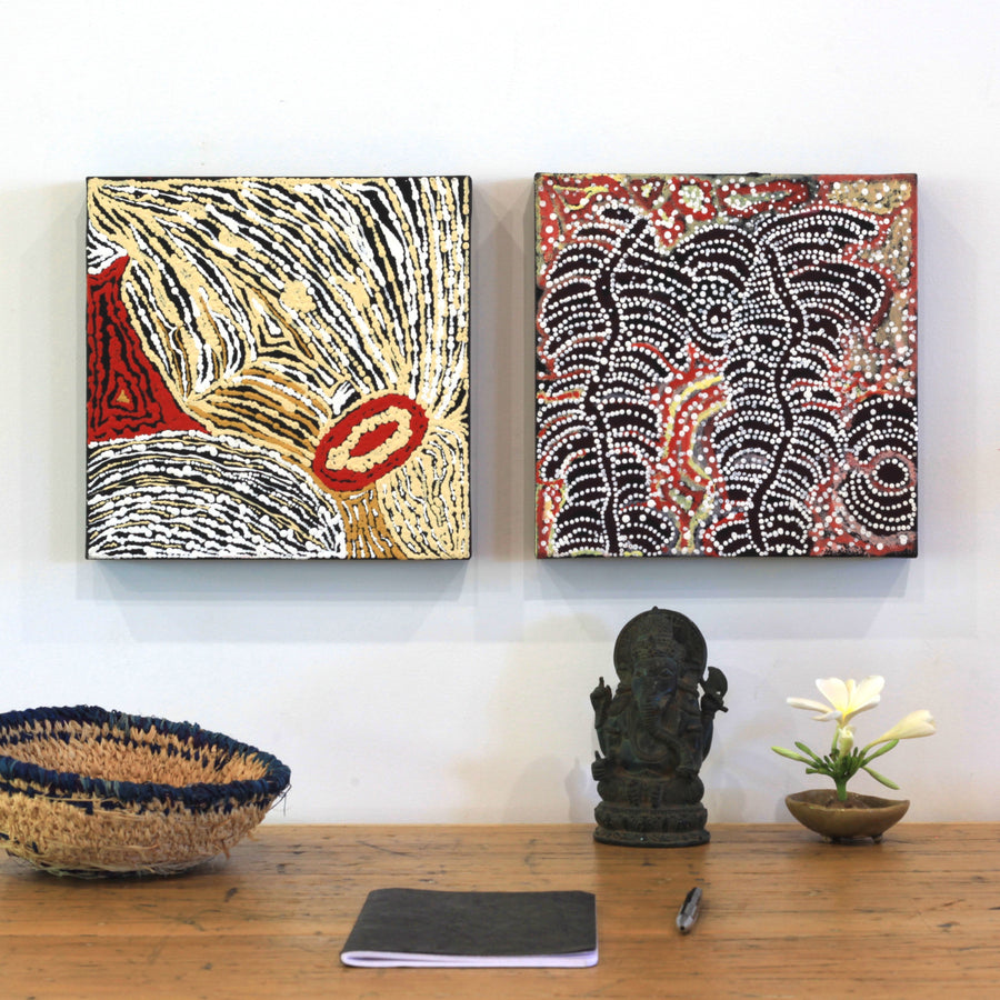 Aboriginal Artwork by Katrina Nampijinpa Brown, Watiya-warnu Jukurrpa (Seed Dreaming), 30x30cm