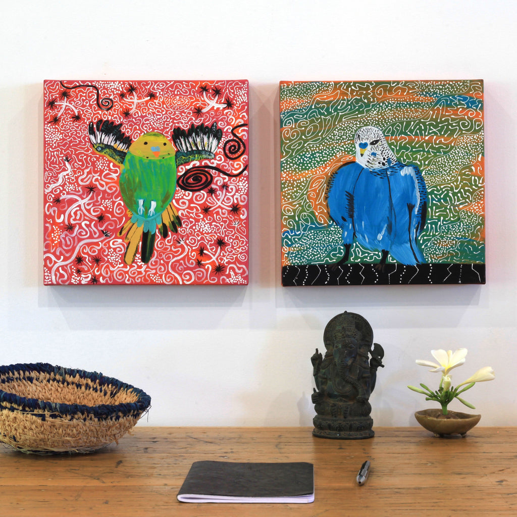 Aboriginal Artwork by Sharlene Nakamarra Nelson, Jurlpu kuja kalu nyinami Yurntumu-wana (Birds that live around Yuendumu), 30x30cm