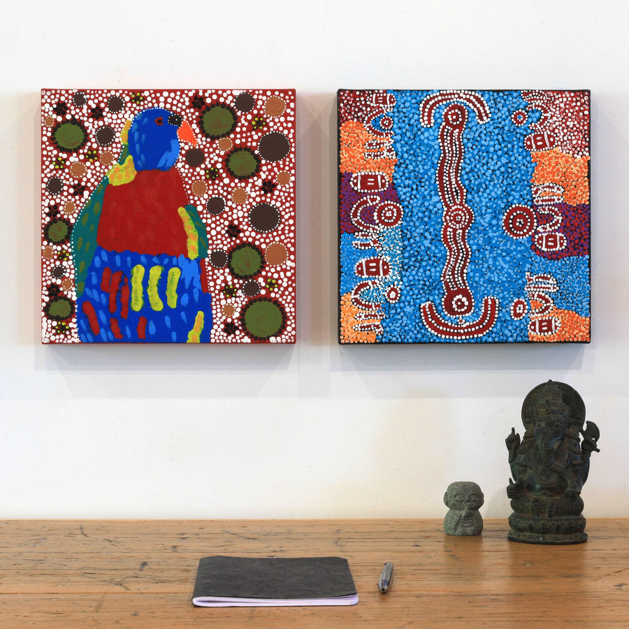 Aboriginal Artwork by Rosena Napaljarri Dickson, Birds that live around Yuendumu, 30x30cm
