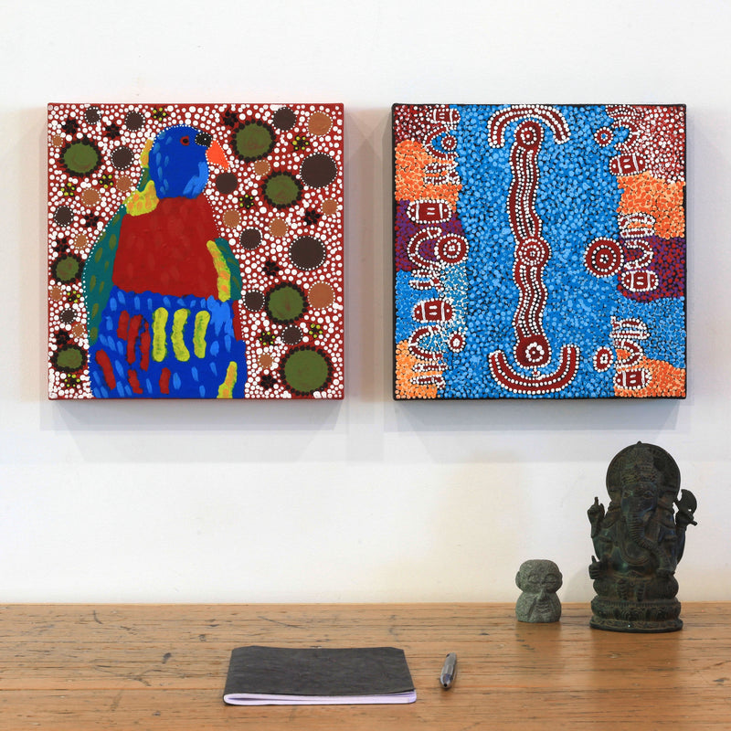Aboriginal Artwork by Rosena Napaljarri Dickson, Birds that live around Yuendumu, 30x30cm
