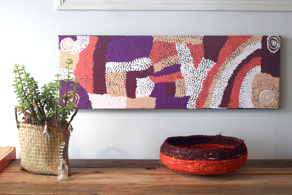 Aboriginal Artwork by Mickey Jampijinpa Singleton, Ngapa Jukurrpa, 91x30cm