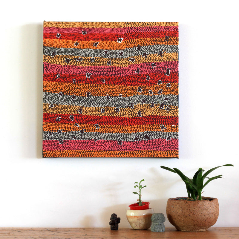 Aboriginal Artwork by Dora Napaljarri Kitson, Ngatijirri Jukurrpa (Budgerigar Dreaming), 46x46cm