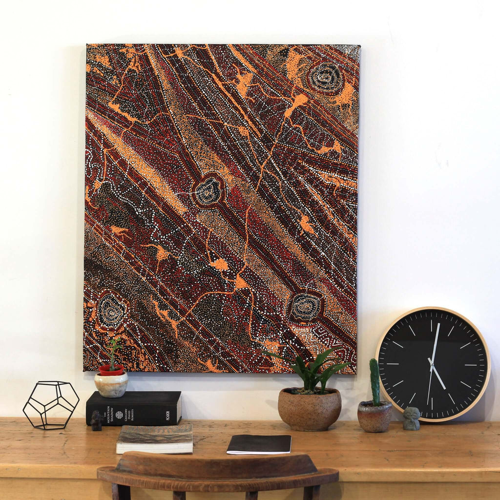 Aboriginal Artwork by Angelina Nampijinpa Tasman, Ngapa Jukurrpa (Water Dreaming) - Pirlinyarnu 91x76cm
