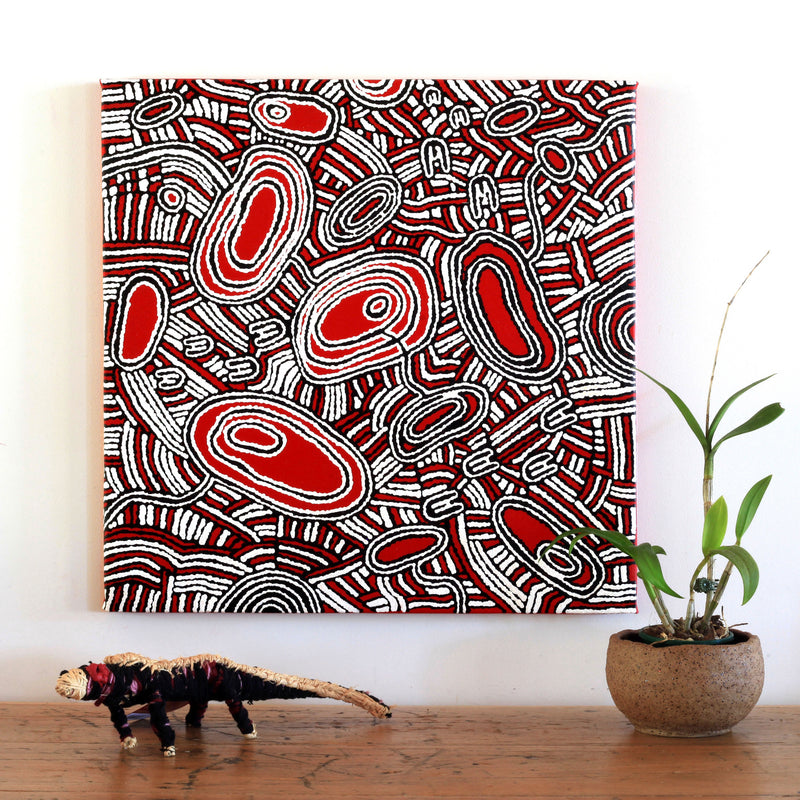 Aboriginal Artwork by Janelle Napurrurla Wilson, Janganpa Jukurrpa (Brush-tail Possum Dreaming)- Mawurrji, 61x61cm