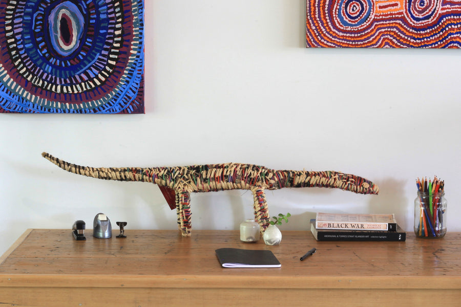 Aboriginal Artwork by Tjanpi Tinka (goanna) sculpture, Janet Forbes, Papulankutja