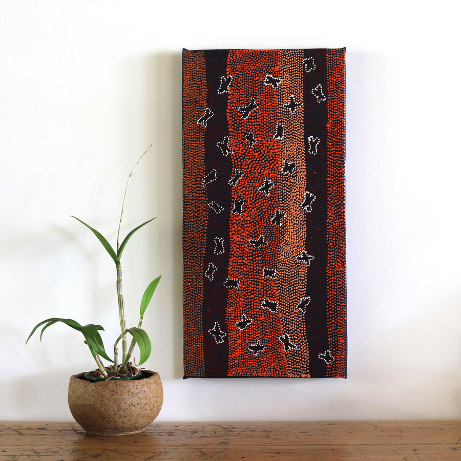 Aboriginal Artwork by Dora Napaljarri Kitson, Ngatijirri Jukurrpa (Budgerigar Dreaming), 61x30cm