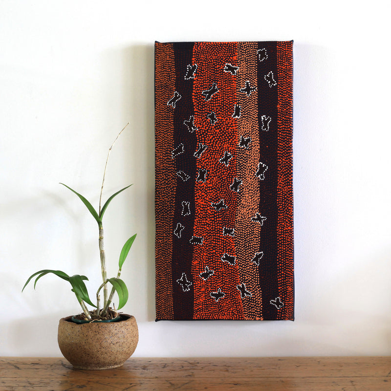 Aboriginal Artwork by Dora Napaljarri Kitson, Ngatijirri Jukurrpa (Budgerigar Dreaming), 61x30cm