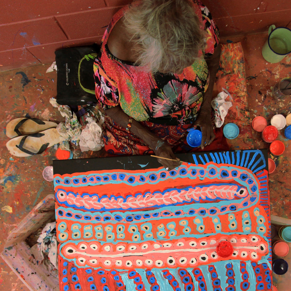 Aboriginal Artwork by Murdie Nampijinpa Morris, Malikijarra Jukurrpa, 91x61cm