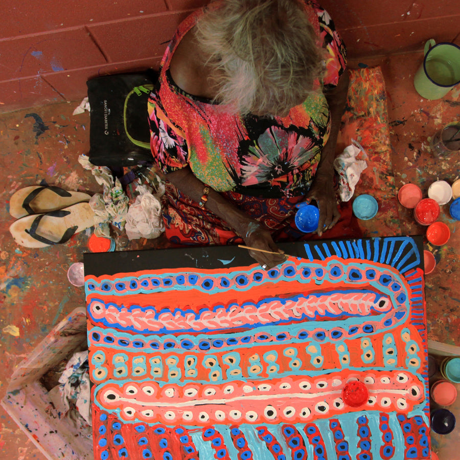 Aboriginal Artwork by Murdie Nampijinpa Morris, Malikijarra Jukurrpa, 91x61cm