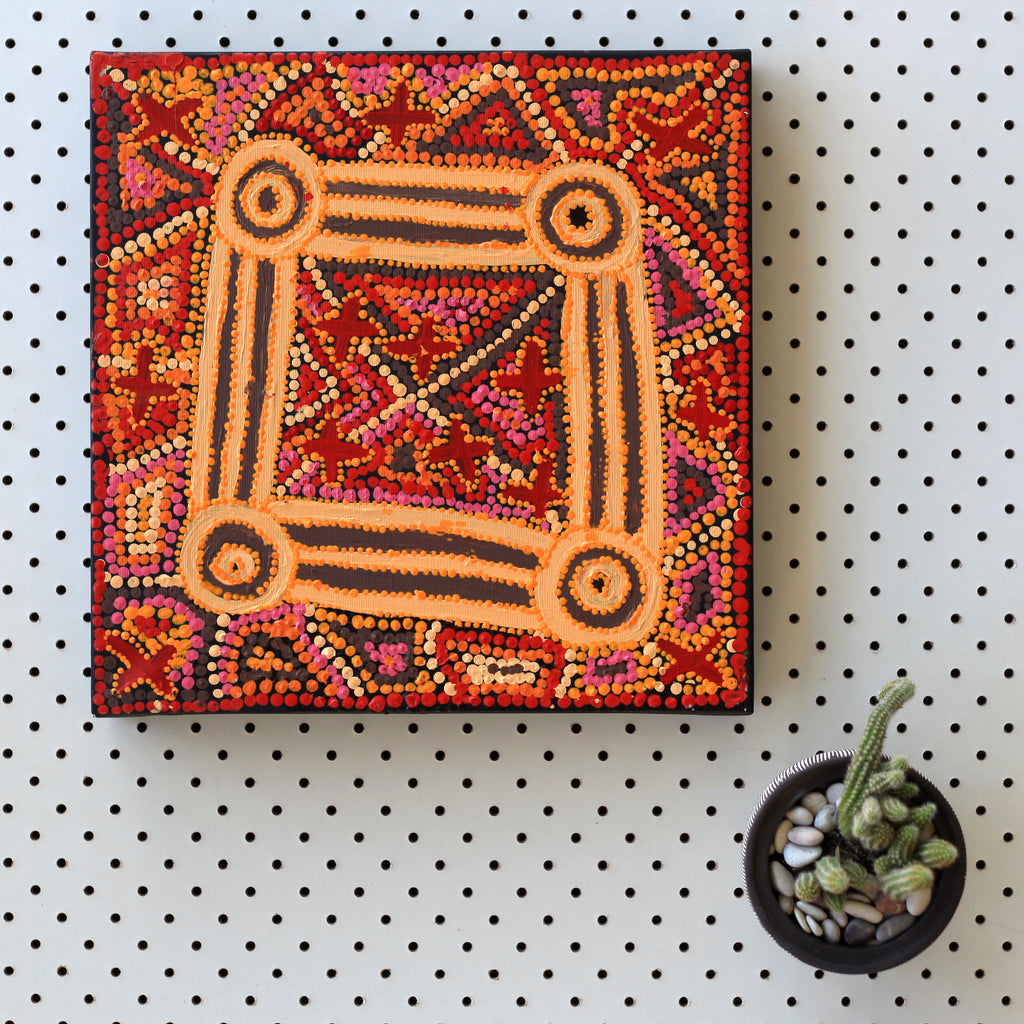 Aboriginal Artwork by Dora Napaljarri Kitson, Ngatijirri Jukurrpa (Budgerigar Dreaming), 30x30cm