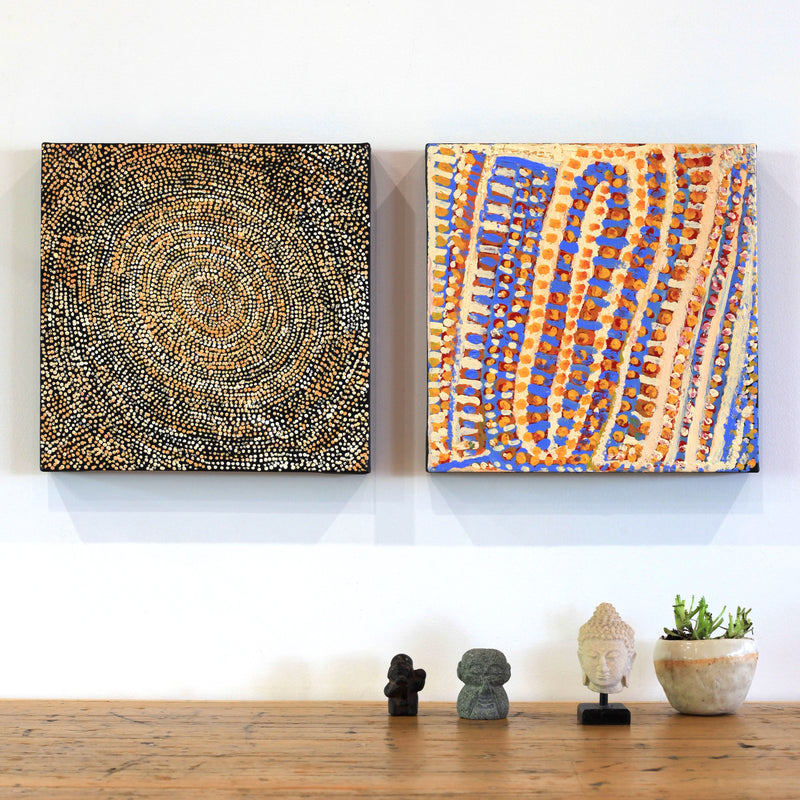 Aboriginal Artwork by Sarah Napurrurla Leo, Ngapa Jukurrpa (Water Dreaming), 30x30cm