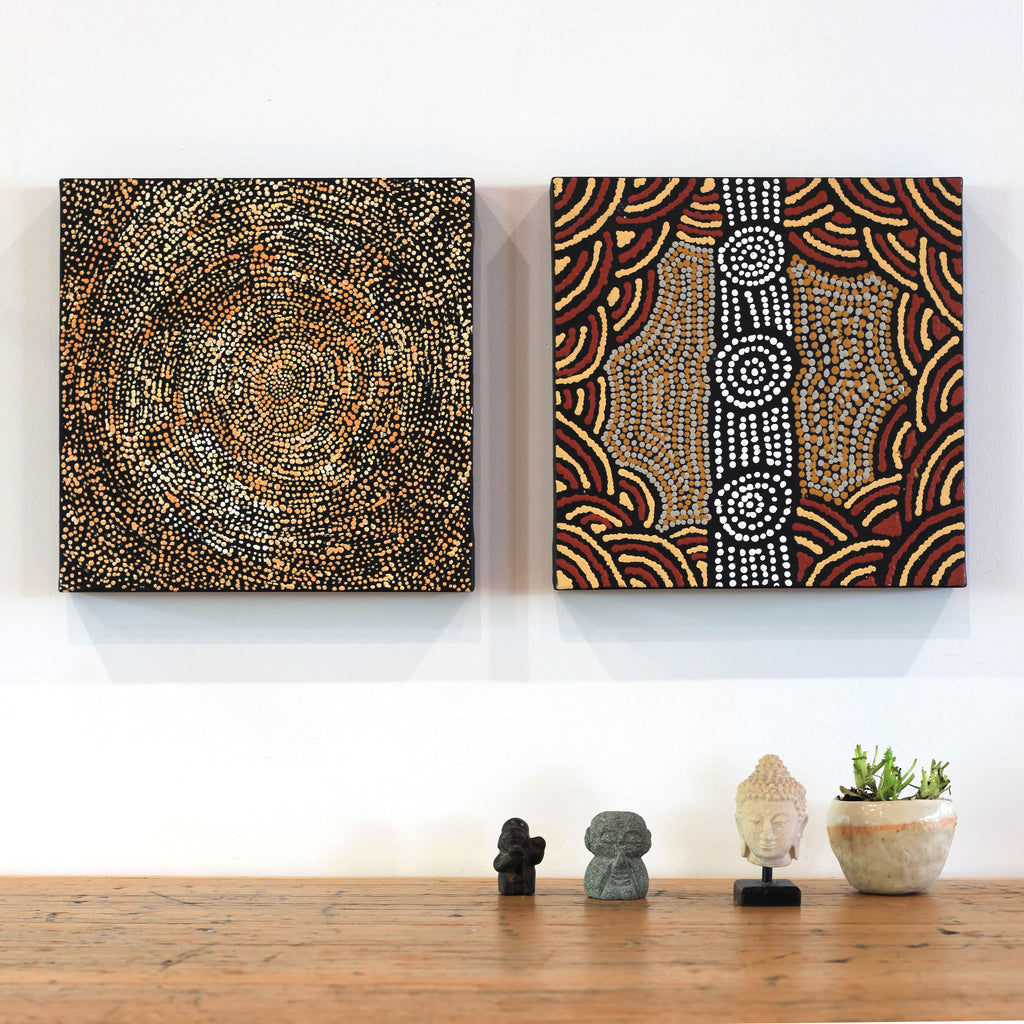 Aboriginal Artwork by Jamie Lee Nampijinpa Brown, Ngapa Jukurrpa (Water Dreaming) - Mikanji, 30x30cm