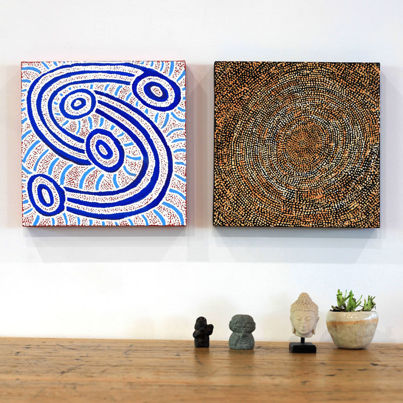 Aboriginal Artwork by Sarah Napurrurla Leo, Ngapa Jukurrpa (Water Dreaming), 30x30cm