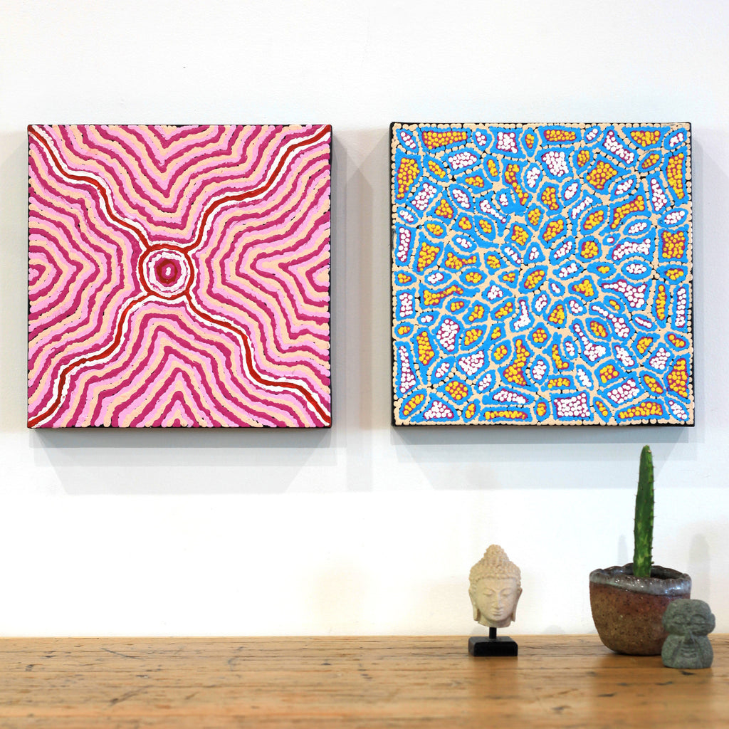 Aboriginal Artwork by Jerusha Nungarrayi Morris, Lukarrara Jukurrpa (Desert Fringe-rush Seed Dreaming), 30x30cm