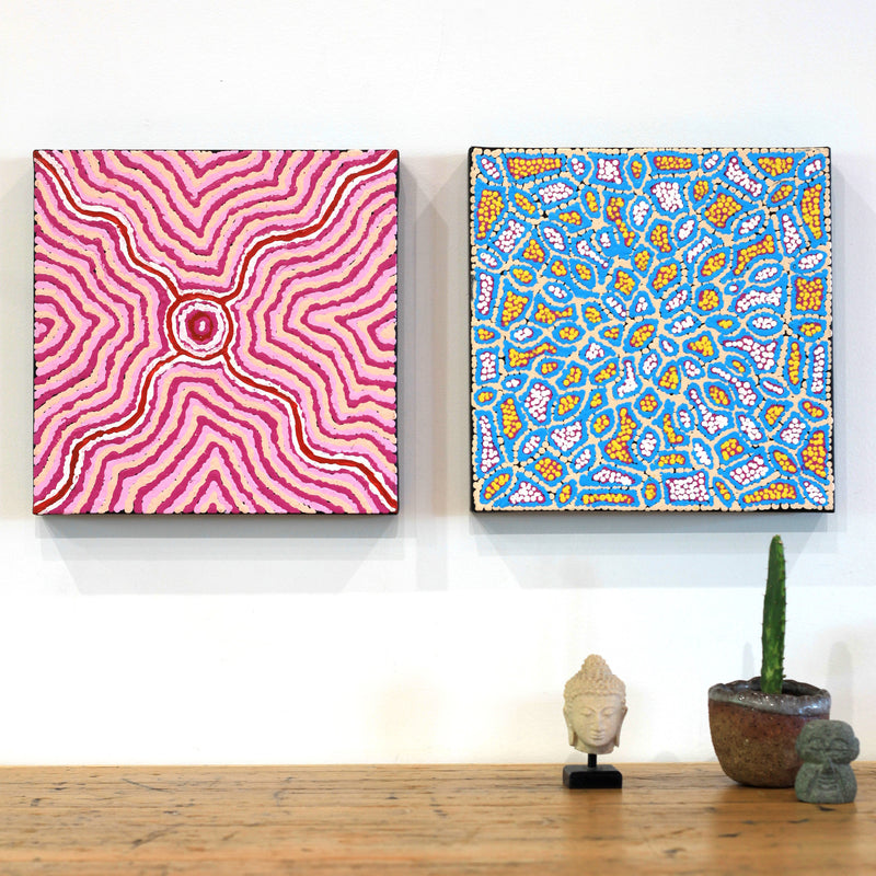 Aboriginal Artwork by Jerusha Nungarrayi Morris, Lukarrara Jukurrpa (Desert Fringe-rush Seed Dreaming), 30x30cm